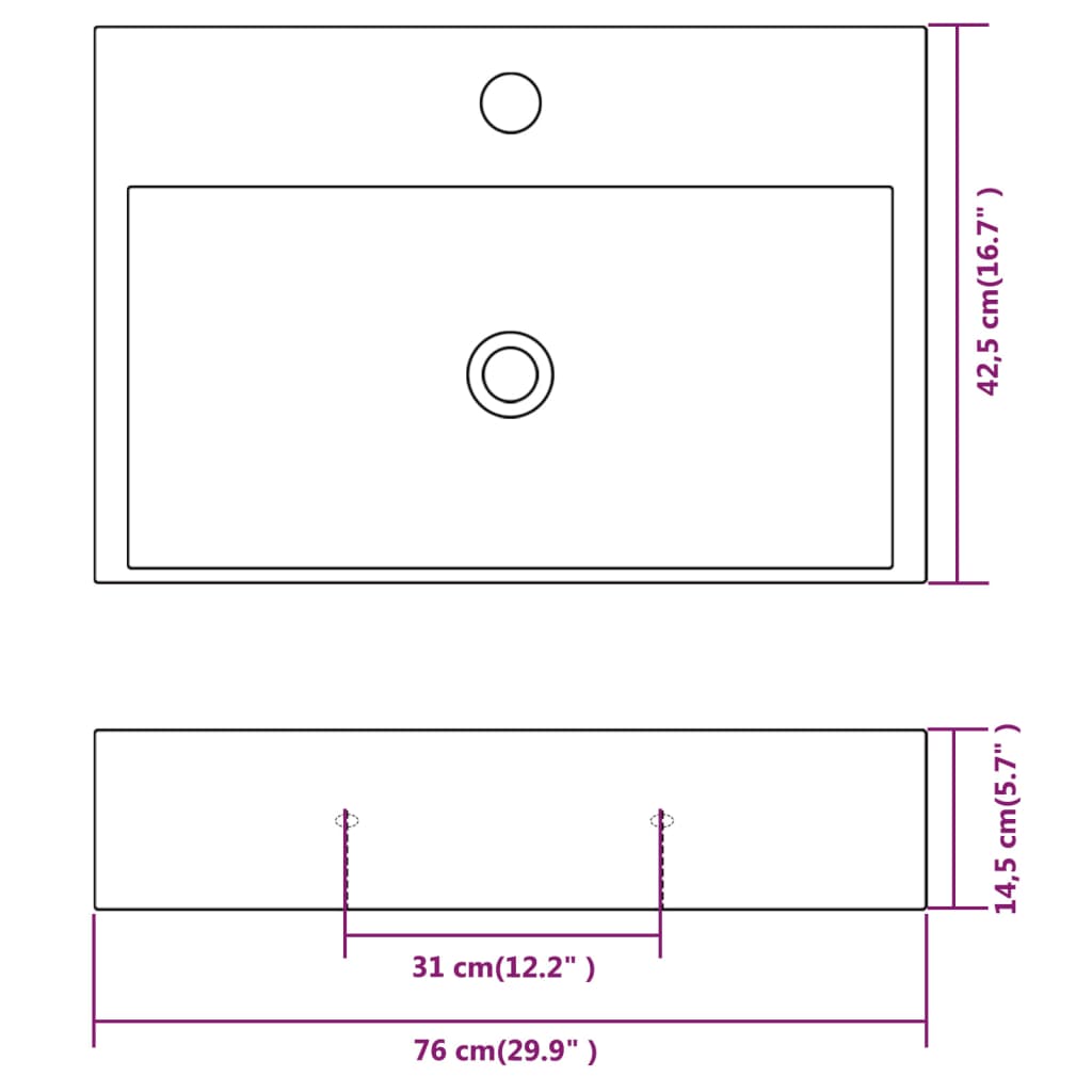 Basin with Faucet Hole Ceramic White 76x42.5x14.5 cm