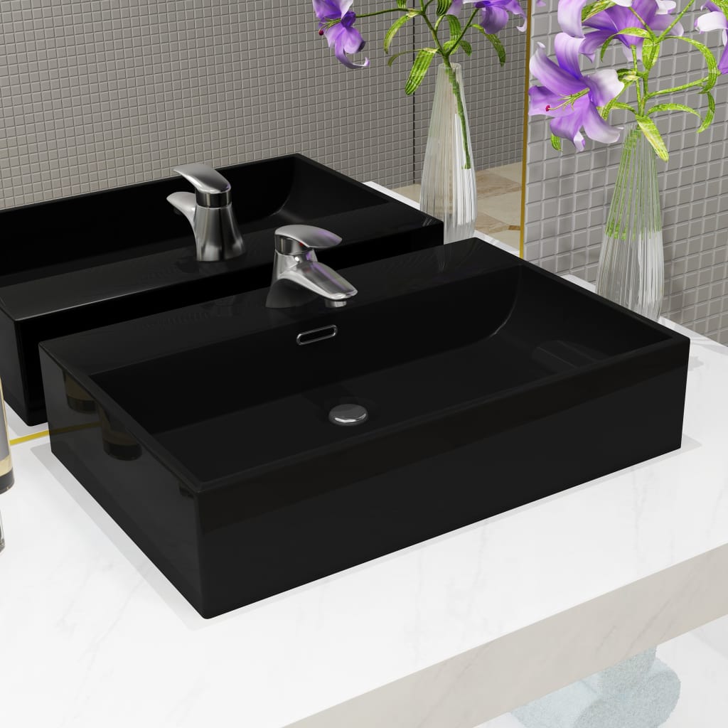 Basin with Faucet Hole Ceramic Black 76x42.5x14.5 cm