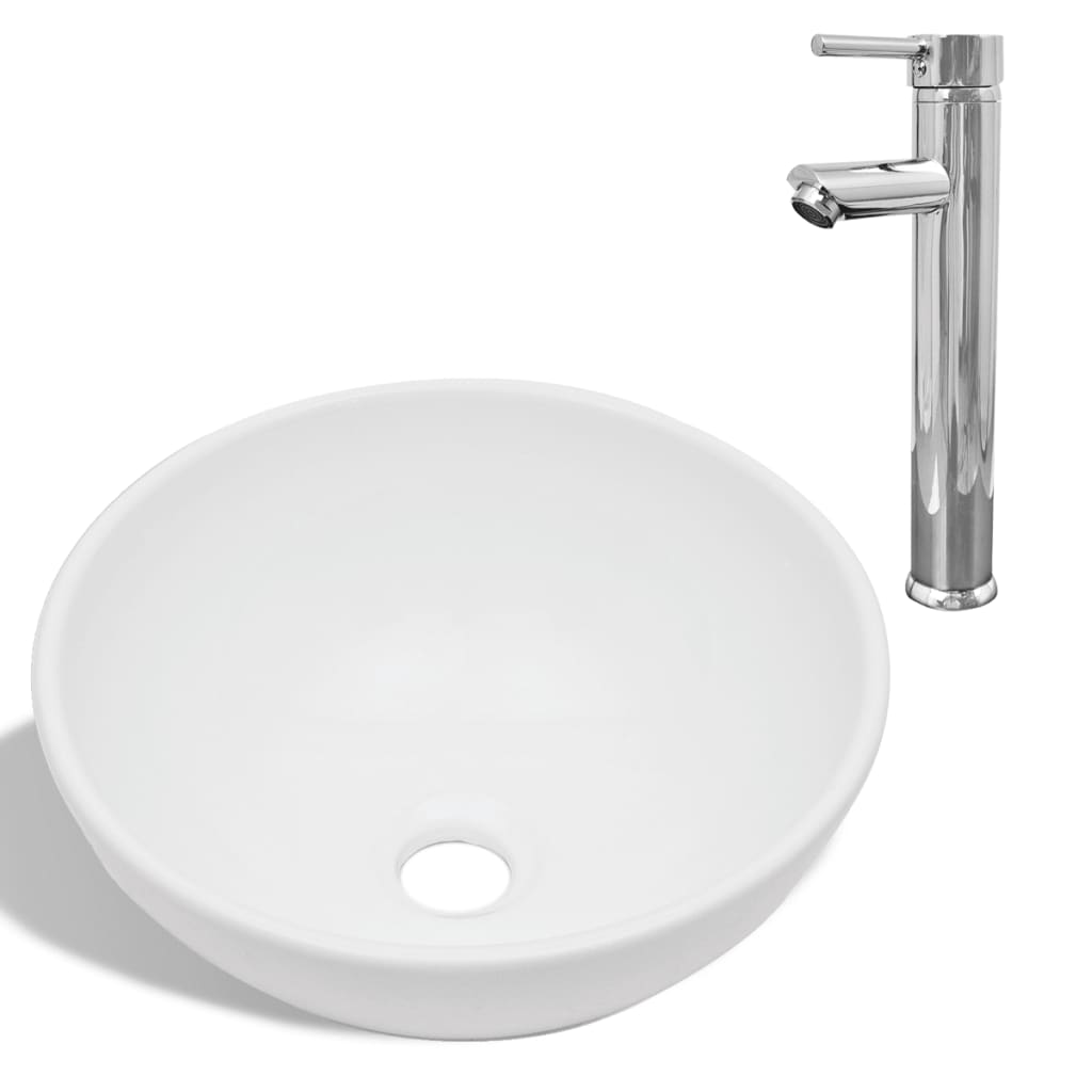 Bathroom Basin with Mixer Tap Ceramic Round White