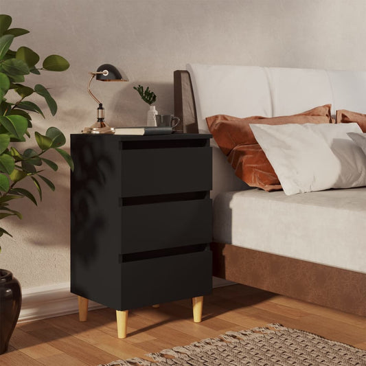 Bed Cabinet with Solid Wood Legs Black 40x35x69 cm