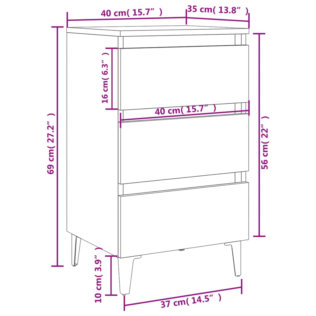 Bed Cabinet with Metal Legs White 40x35x69 cm