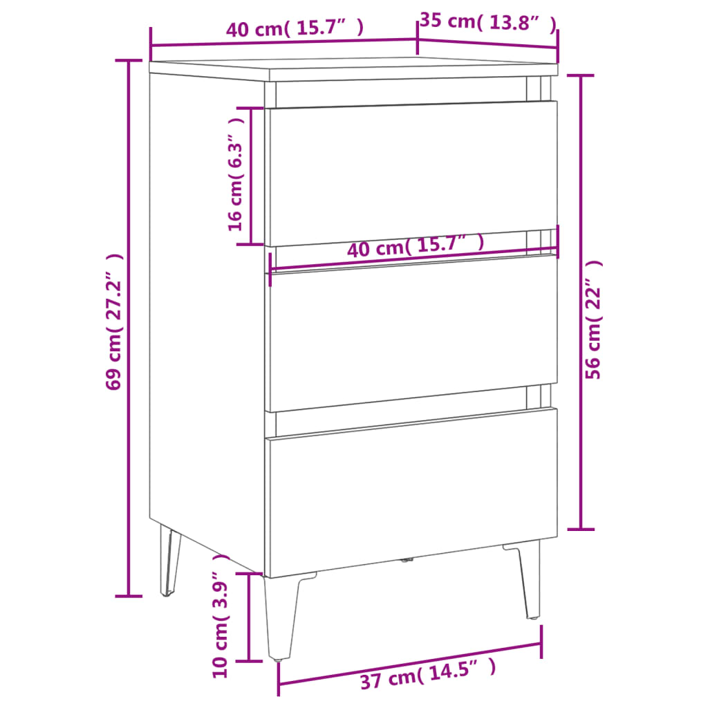 Bed Cabinet with Metal Legs 2 pcs Concrete Grey 40x35x69 cm