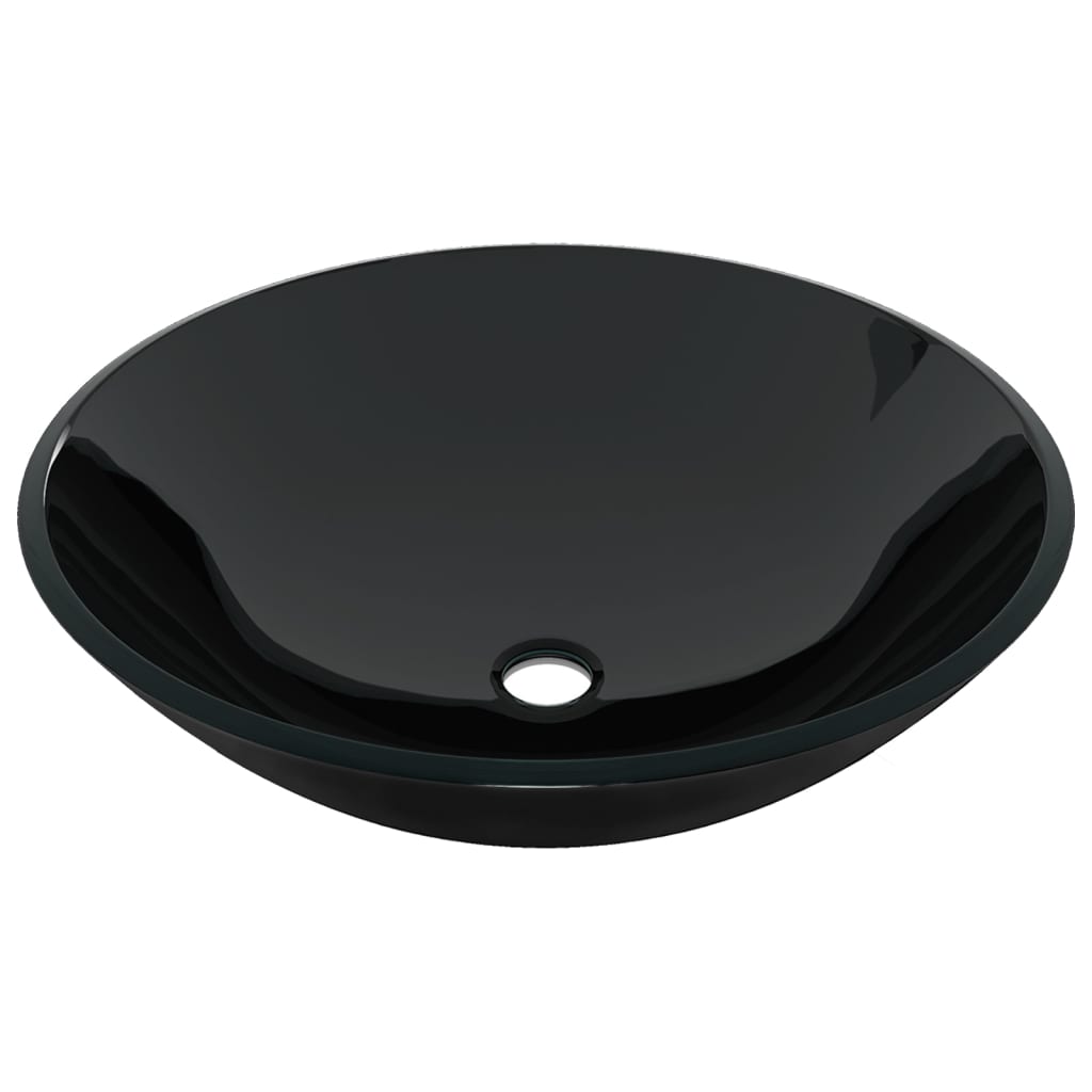 Bathroom Sink with Tap and Push Drain Black Tempered Glass