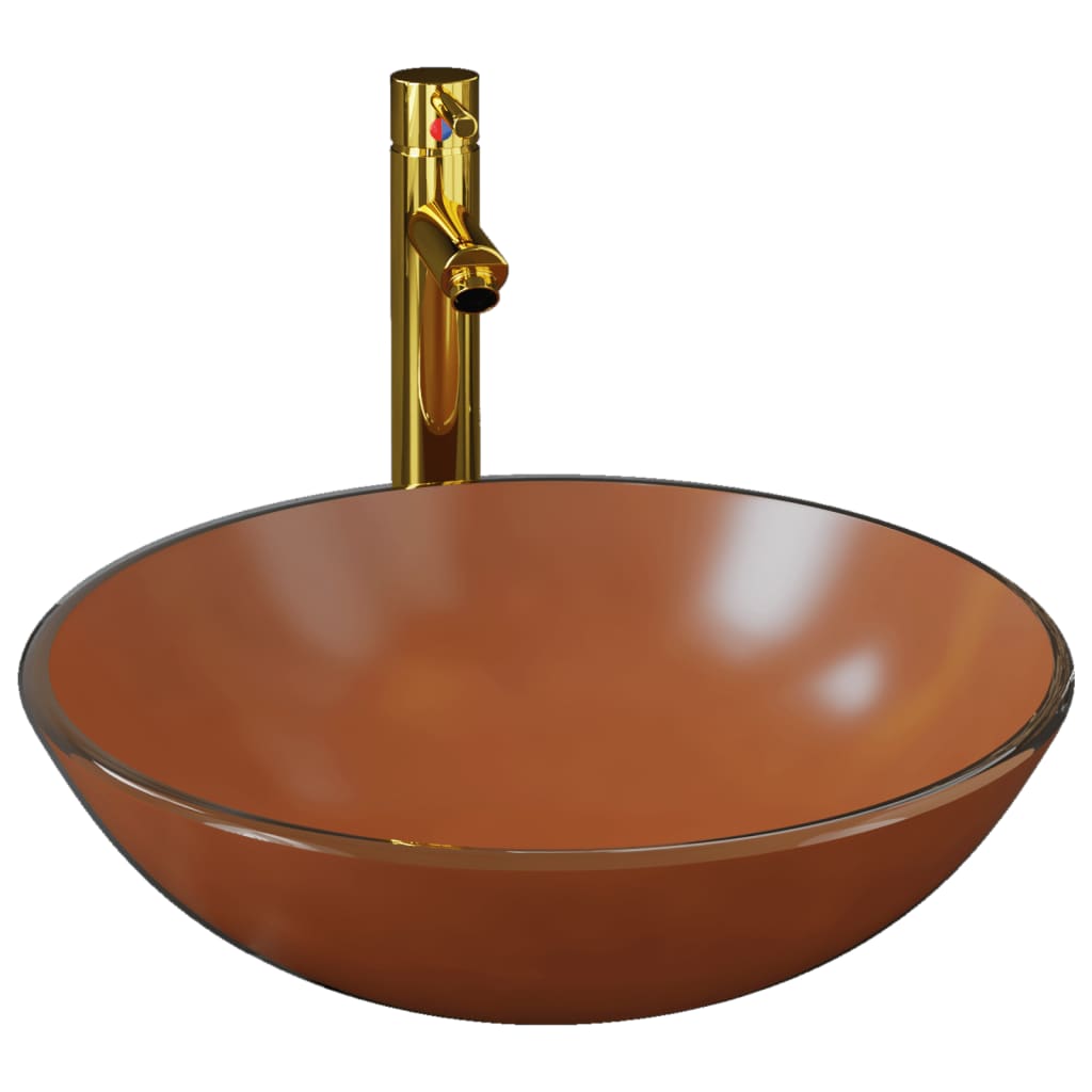 Bathroom Sink with Tap and Push Drain Brown Tempered Glass